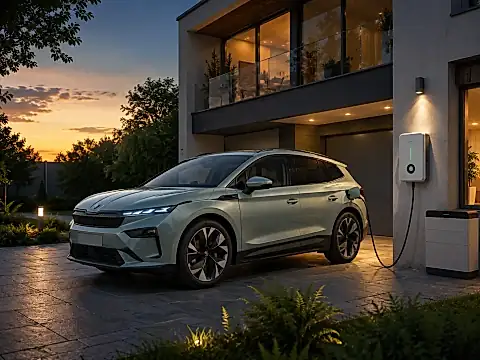 Skoda Enyaq Modelljahr 2027 als V2H-Heim-Powerbank — Elektro-SUV mit bidirektionaler Wallbox versorgt das Haus mit Strom aus dem Fahrzeug-Akku