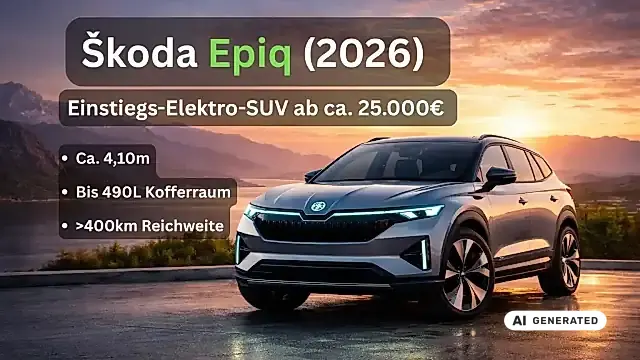 ŠKODA Epiq 2026: kompaktes Elektro-SUV mit 431 bis 440 Kilometer Reichweite in der Seitenansicht