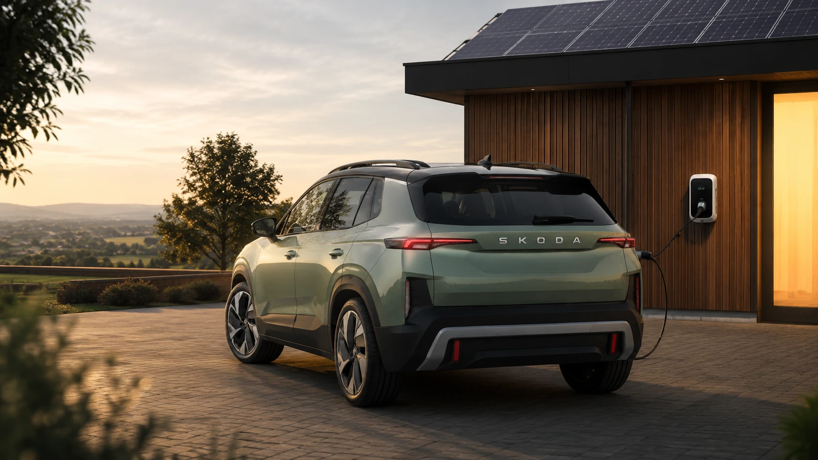 Skoda Epiq an Wallbox vor Einfamilienhaus mit Solaranlage — Symbolbild Vehicle-to-Home