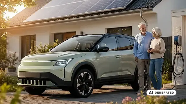 Škoda Epiq für Rentner: Elektro-SUV vor einem Haus mit Photovoltaik-Anlage im Ruhestand