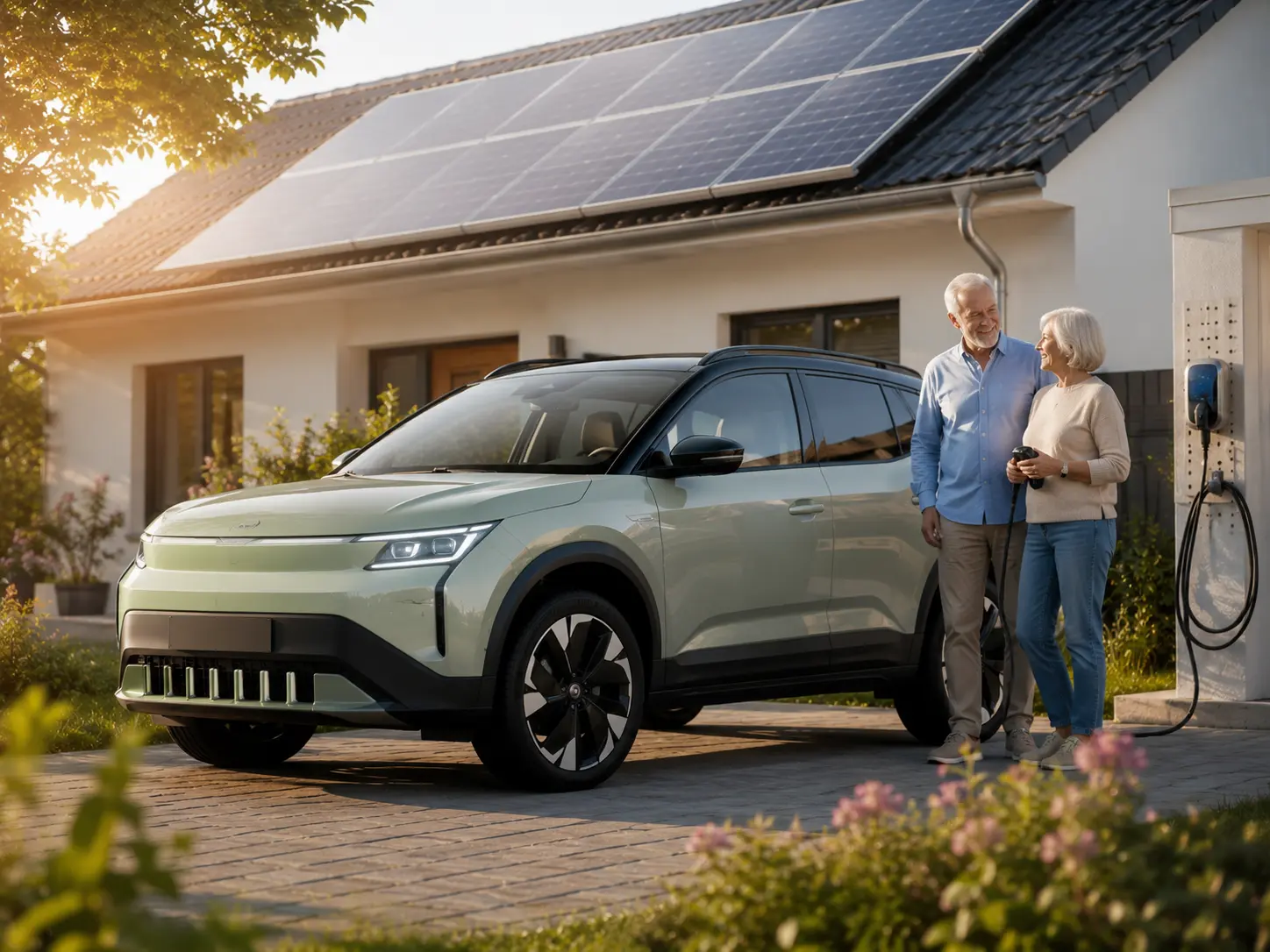 Škoda Epiq Elektro-SUV vor einem Einfamilienhaus mit Photovoltaik-Anlage auf dem Dach im Ruhestand