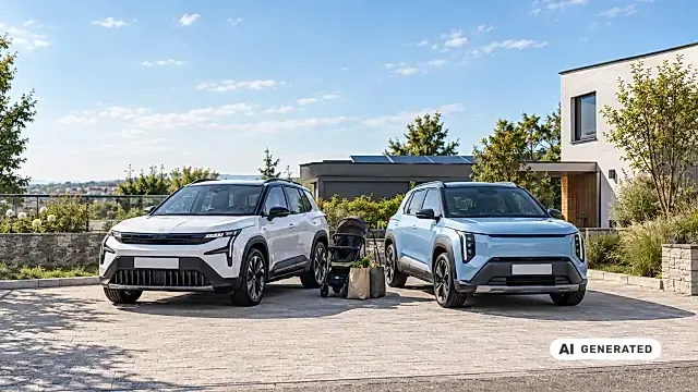 Škoda Epiq oder Kia EV2: zwei kleine Elektro-SUV mit Kinderwagen und Einkaufstaschen vor einem Wohnhaus, KI-Illustration