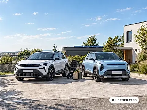 Škoda Epiq oder Kia EV2: zwei kleine Elektro-SUV mit Kinderwagen und Einkaufstaschen vor einem Wohnhaus, KI-Illustration