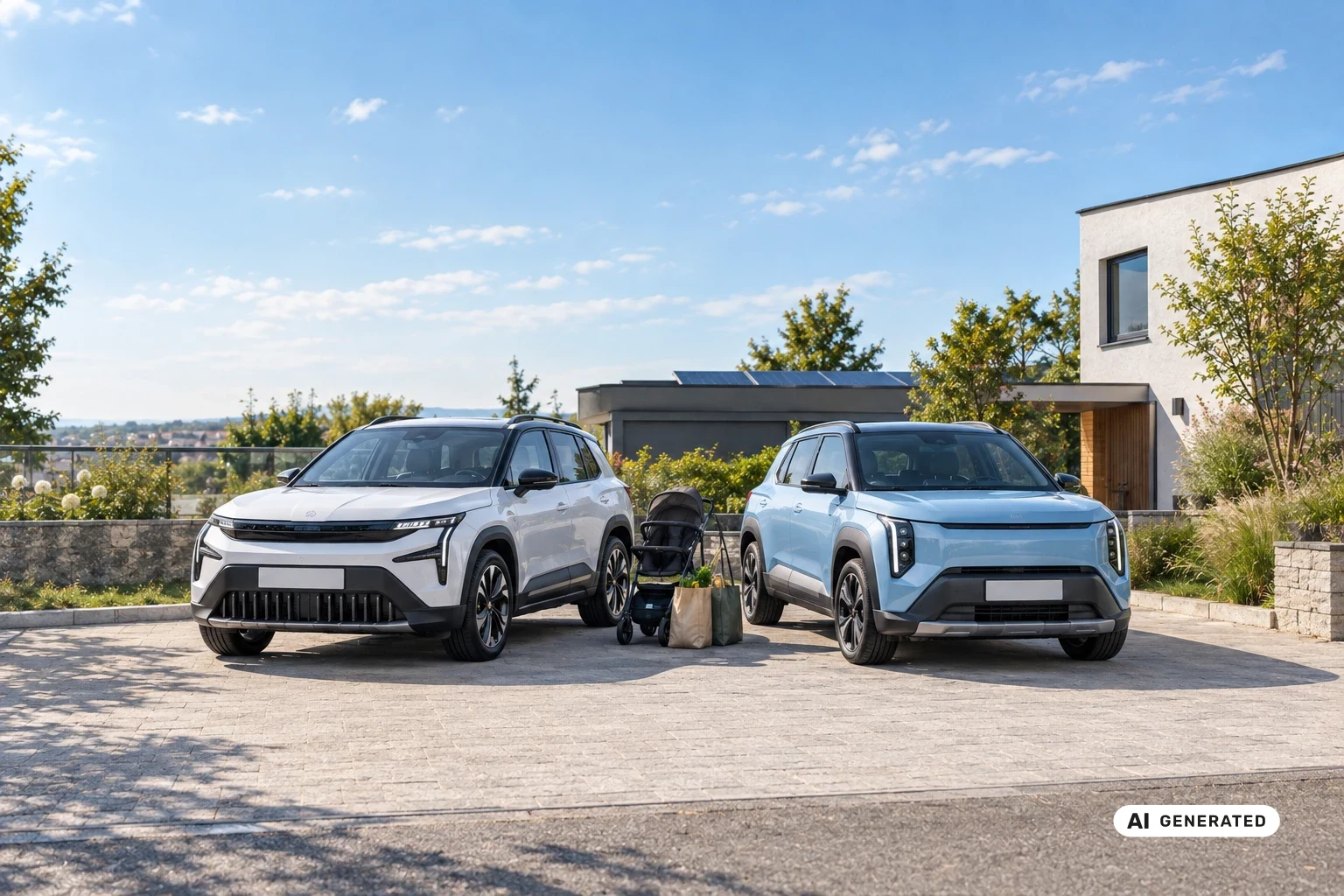 Škoda Epiq oder Kia EV2: zwei kleine Elektro-SUV mit Kinderwagen und Einkaufstaschen vor einem Wohnhaus, KI-Illustration