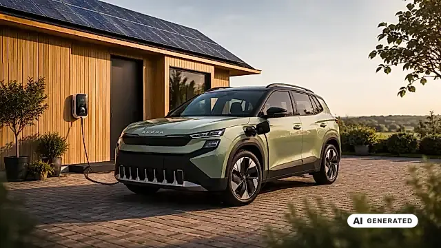 Skoda Epiq beim Photovoltaik-Laden an der Wallbox mit Solaranlage auf dem Hausdach