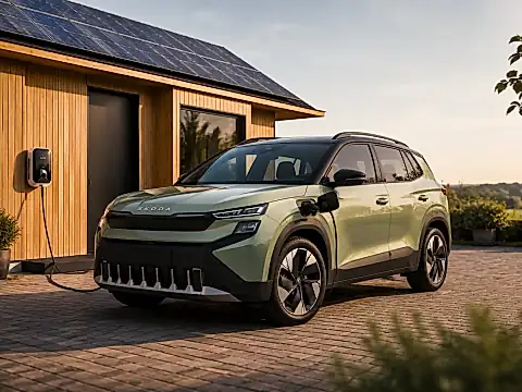 Skoda Epiq an einer Wallbox mit Solaranlage auf dem Hausdach im Hintergrund