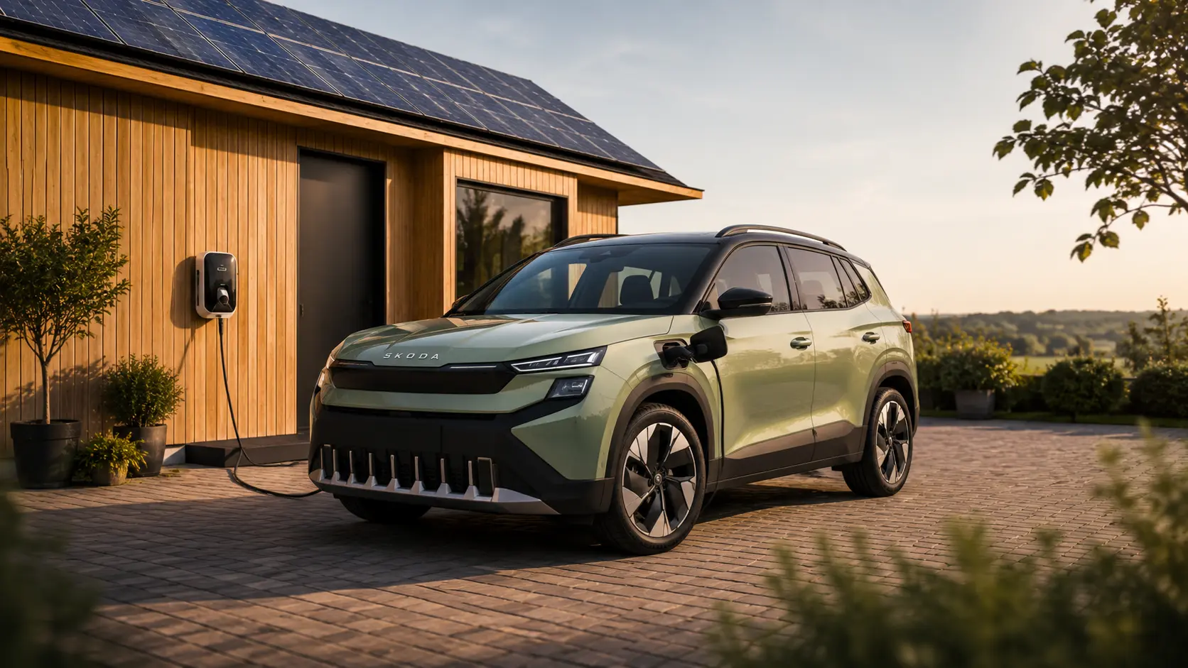 Skoda Epiq an einer Wallbox mit Solaranlage auf dem Hausdach im Hintergrund