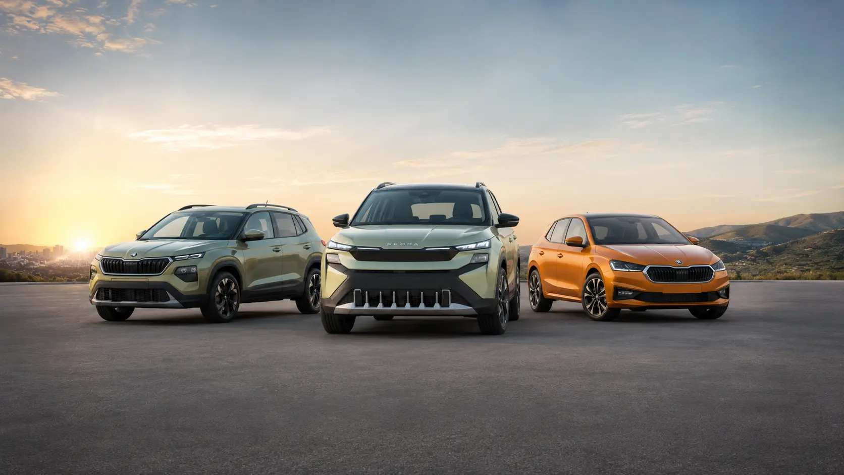 Skoda Epiq neben Skoda Kamiq und Skoda Fabia -- Vergleich Elektro vs. Verbrenner 2026