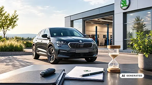 Škoda Garantie: Škoda-SUV vor einer Werkstatt, davor Unterlagen, Autoschlüssel und eine Sanduhr