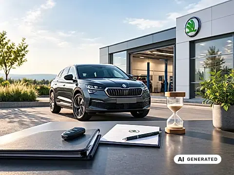 Škoda Garantie: Škoda-SUV vor einer Werkstatt, davor Unterlagen, Autoschlüssel und eine Sanduhr