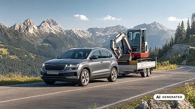 Skoda Karoq Anhängelast in der Praxis: der Karoq zieht einen beladenen Anhänger über eine Bergstraße