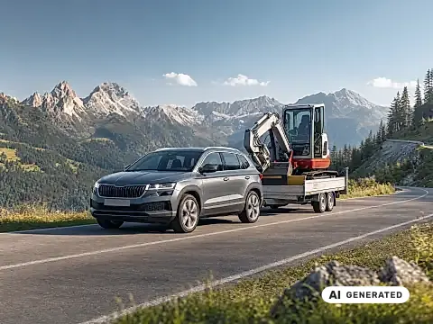 Skoda Karoq Anhängelast in der Praxis: der Karoq zieht einen beladenen Anhänger über eine Bergstraße
