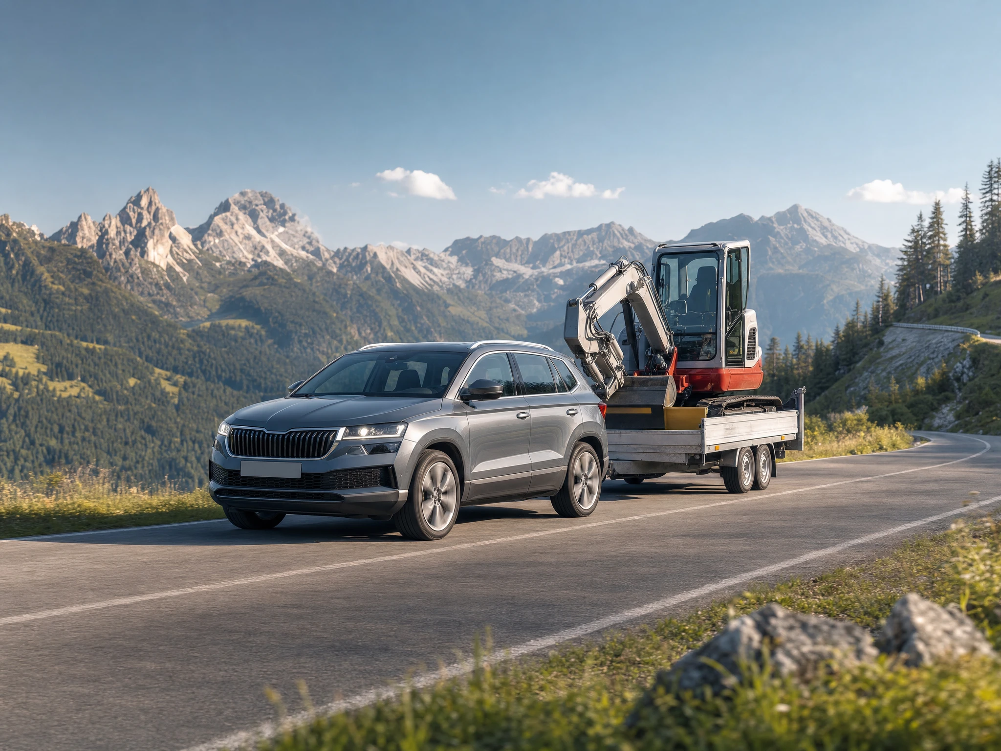 Skoda Karoq Anhängelast in der Praxis: der Karoq zieht einen beladenen Anhänger über eine Bergstraße