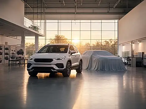 Aktuelles Kompakt-SUV neben einem verhuellten Fahrzeug in einer Designhalle – Thema Skoda Karoq Nachfolger 2028