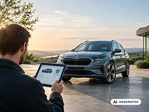 Škoda Mobilitätsgarantie: Fahrer hält ein Tablet mit grünem Schutz-Häkchen vor seinem Škoda-SUV