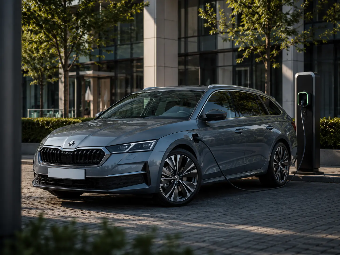 Skoda Octavia Combi iV PHEV 2027 als Dienstwagen mit 140 km elektrischer Reichweite vor dem Autohaus Bellemann in Wiesloch — Plug-in-Hybrid für Geschäftskunden mit 0,5-Prozent-Regel