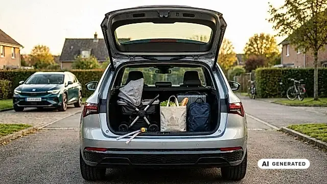 Skoda Octavia Combi 2025 mit geöffnetem Kofferraum -- Familien-Praxis-Test