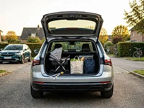 Skoda Octavia Combi 2025 mit geöffnetem Kofferraum -- Familien-Praxis-Test