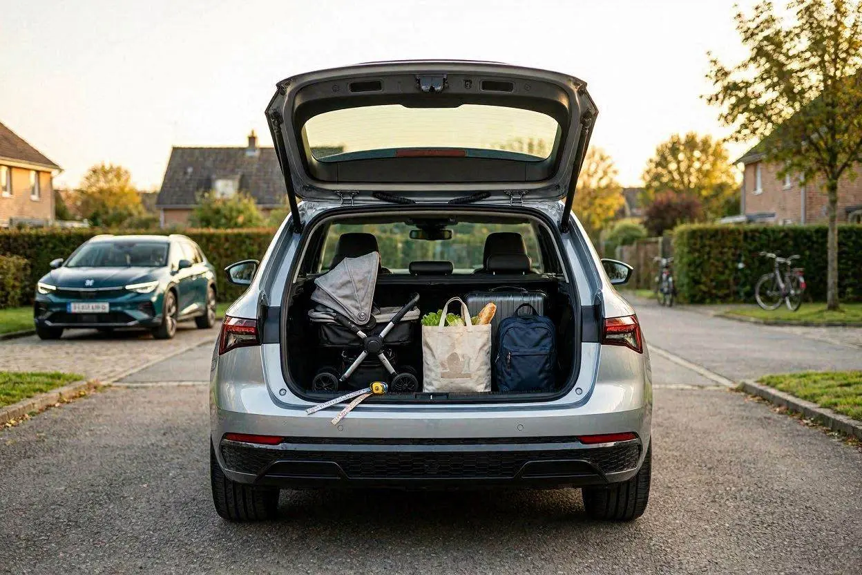 Skoda Octavia Combi 2025 mit geöffnetem Kofferraum -- Familien-Praxis-Test