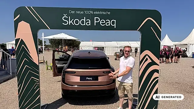 Škoda Peaq 2026: das 7-Sitzer Elektro-SUV von hinten im Markenrahmen der ŠKODA-Roadshow