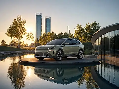 Škoda Peaq in der Autostadt Wolfsburg: das Elektro-Flaggschiff in der Glasbox am Servicehaus