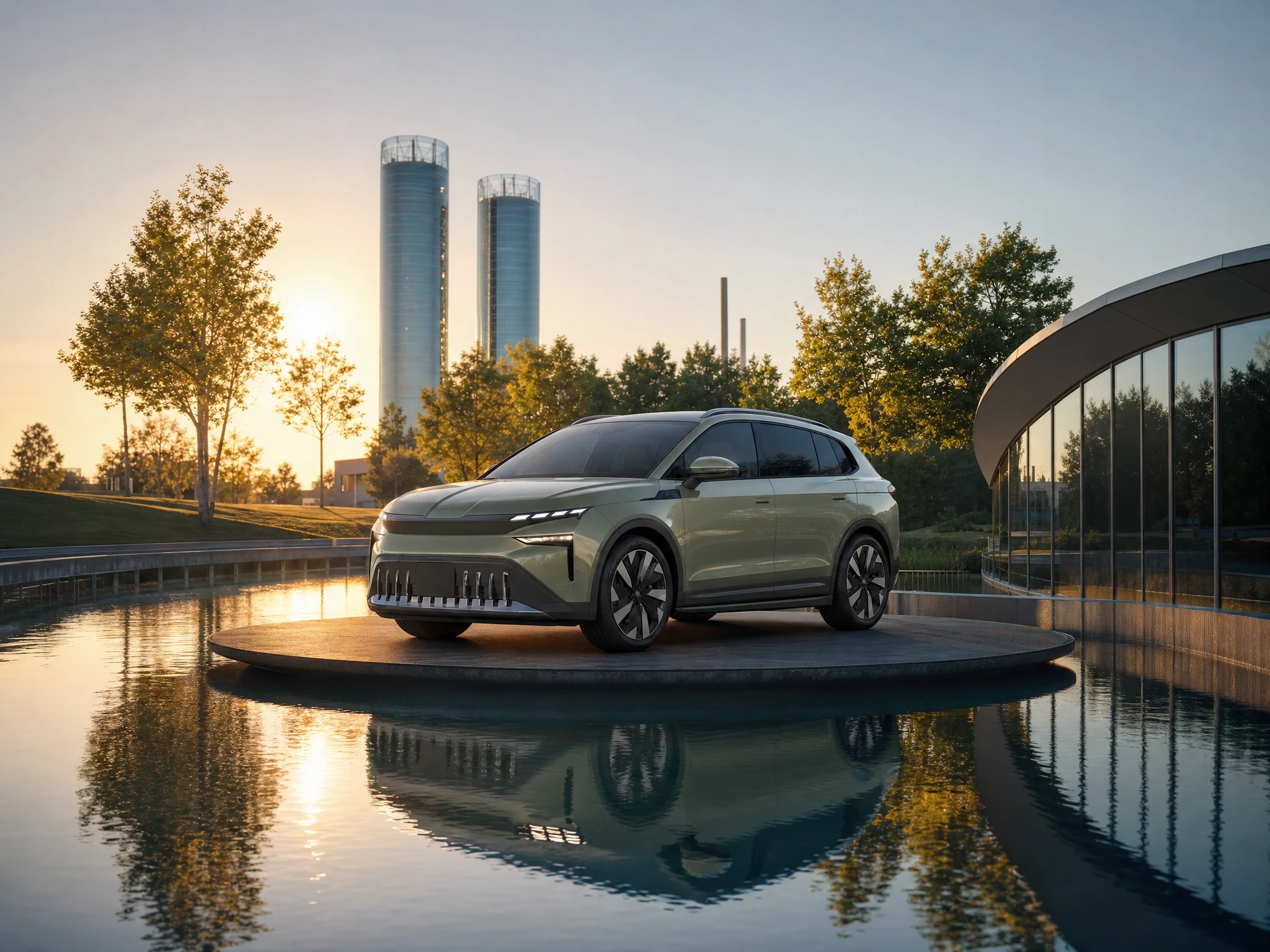 Škoda Peaq in der Autostadt Wolfsburg: das Elektro-Flaggschiff in der Glasbox am Servicehaus