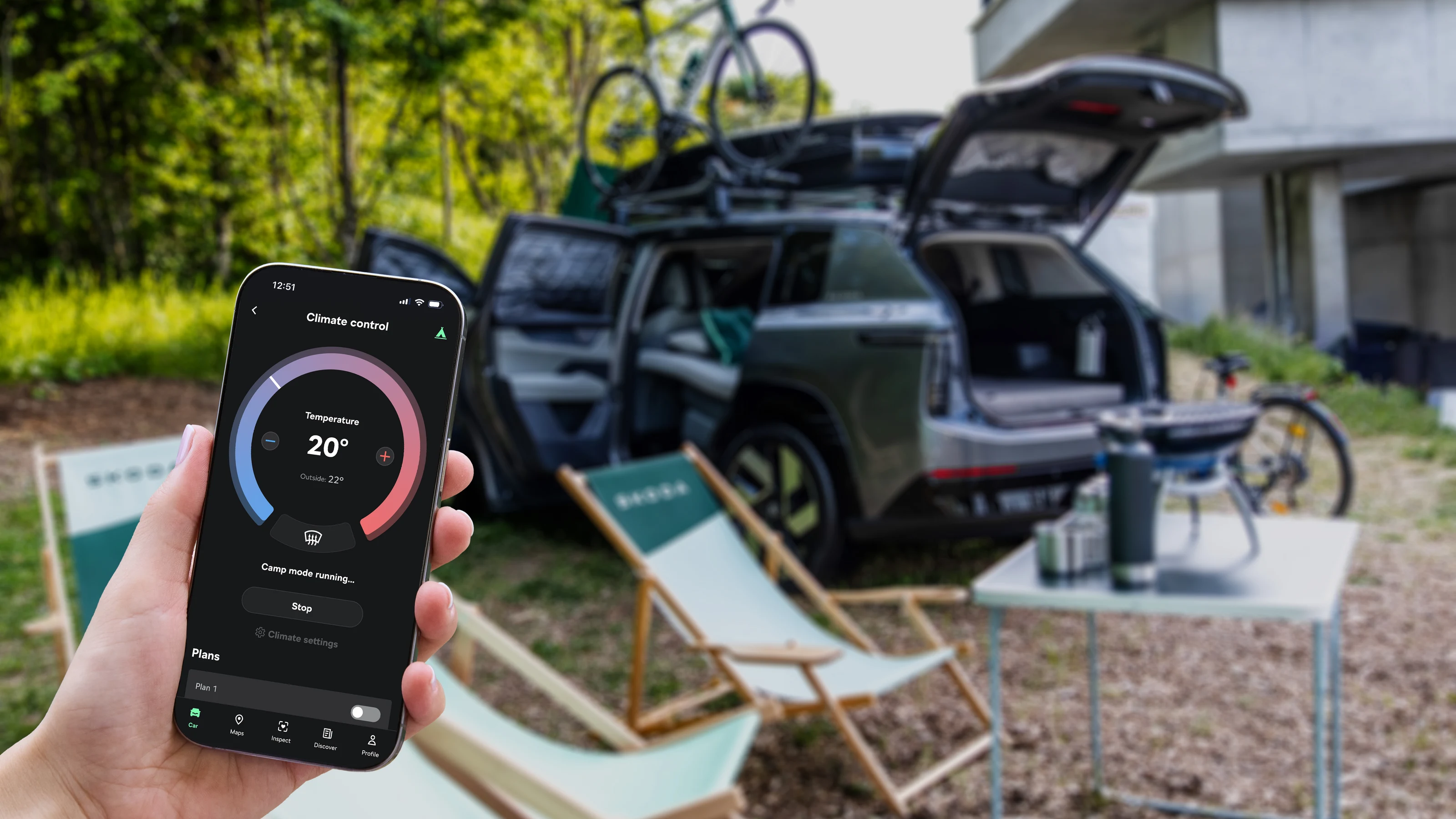 Škoda Peaq Camping-Modus: die MyŠkoda-App zeigt 20 Grad und den laufenden Camp-Modus