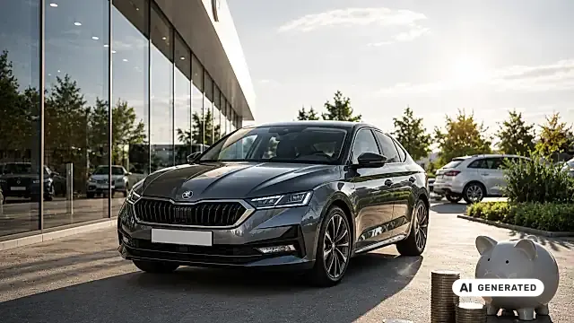 Skoda Preiserhöhung 2026: Octavia vor dem Autohaus, daneben Sparschwein und Münzstapel