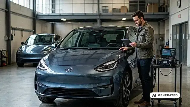 SoH-Test beim gebrauchten Elektroauto: Akku-Check mit OBD2-Diagnose-Gerät in der Werkstatt vor dem Kauf