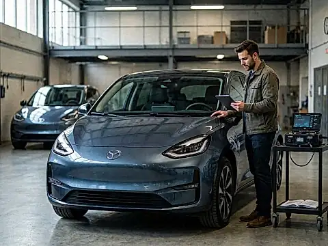 SoH-Test beim gebrauchten Elektroauto: Akku-Check mit OBD2-Diagnose-Gerät in der Werkstatt vor dem Kauf