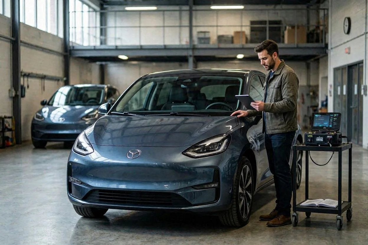 SoH-Test beim gebrauchten Elektroauto: Akku-Check mit OBD2-Diagnose-Gerät in der Werkstatt vor dem Kauf