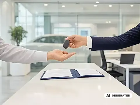 THG-Quote beim Leasing: Schlüsselübergabe über dem Leasingvertrag im Autohaus-Büro
