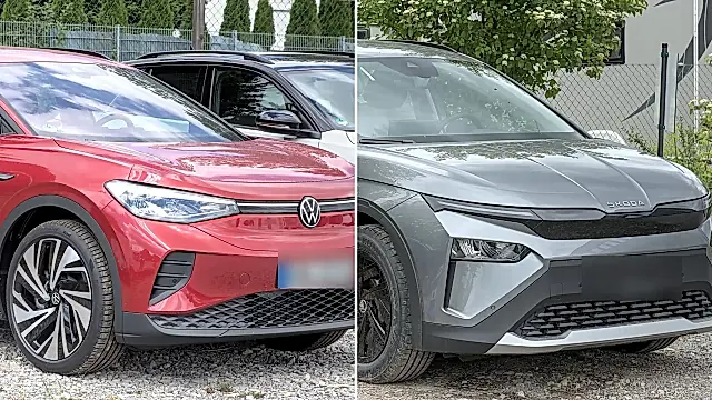 VW ID.4 nicht mehr konfigurierbar: links der rote VW, rechts der graue Škoda Elroq