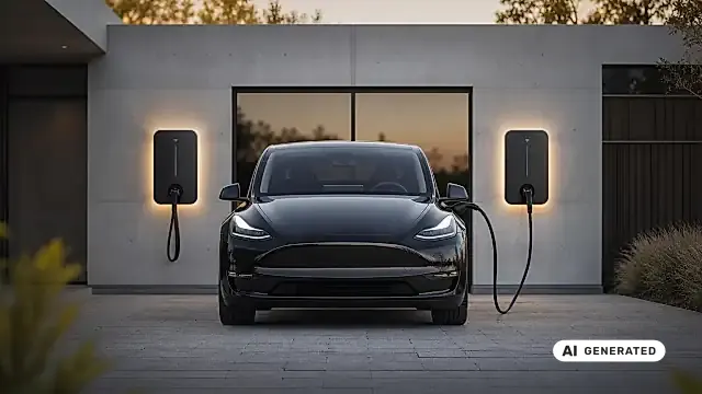Wallbox an einer Hauswand mit ladendem Elektroauto, Symbol für den Vergleich von 11 und 22 Kilowatt Ladeleistung