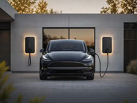 Wallbox an einer Hauswand mit ladendem Elektroauto, Symbol für den Vergleich von 11 und 22 Kilowatt Ladeleistung