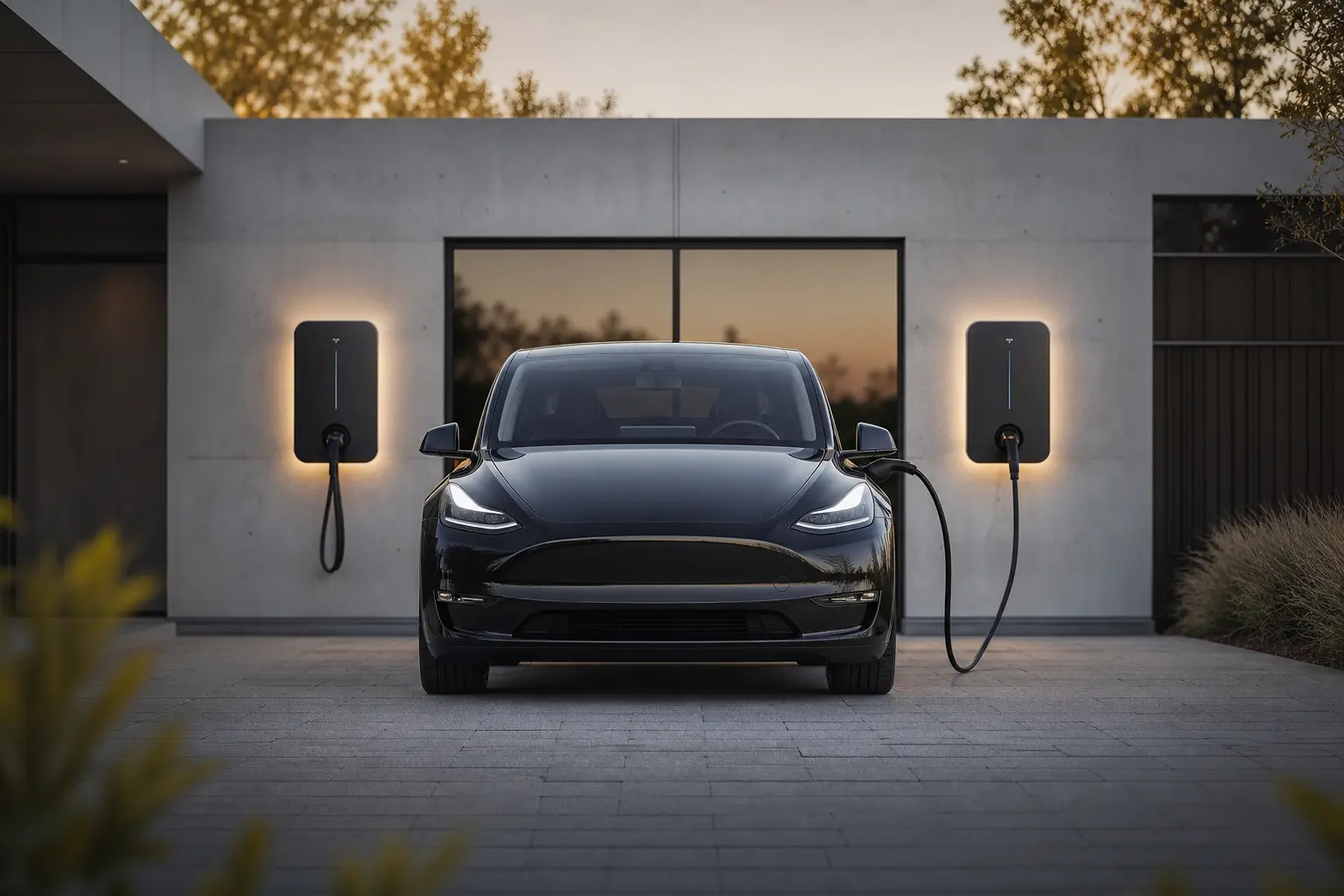 Wallbox an einer Hauswand mit ladendem Elektroauto, Symbol für den Vergleich von 11 und 22 Kilowatt Ladeleistung