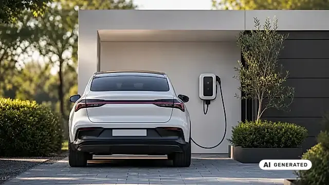 Wallbox an einem Wohnhaus mit Elektroauto, Symbol für Förderung und Zuschüsse 2026