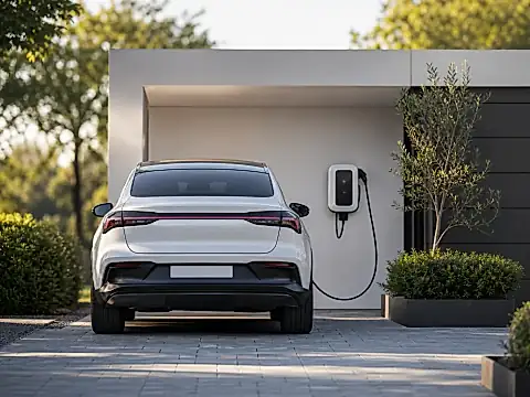 Wallbox an einem Wohnhaus mit Elektroauto, Symbol für Förderung und Zuschüsse 2026