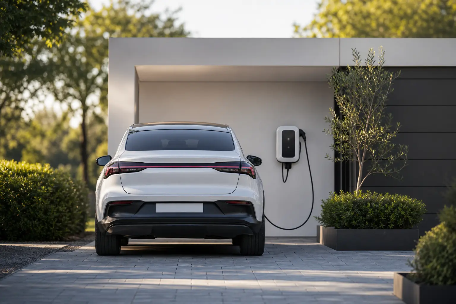 Wallbox an einem Wohnhaus mit Elektroauto, Symbol für Förderung und Zuschüsse 2026