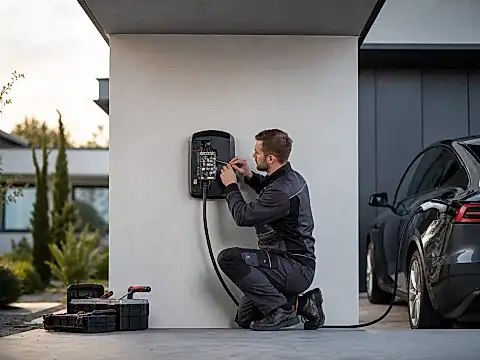 Elektriker installiert eine Wallbox an der Hauswand neben dem Stellplatz eines Elektroautos
