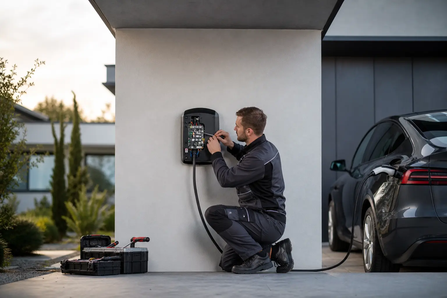 Elektriker installiert eine Wallbox an der Hauswand neben dem Stellplatz eines Elektroautos