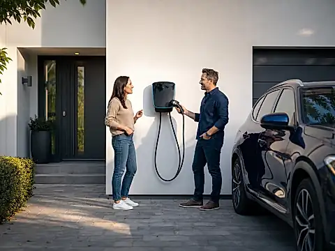 Wallbox an einer Hauswand neben einem ladenden Elektroauto in einer Einfahrt