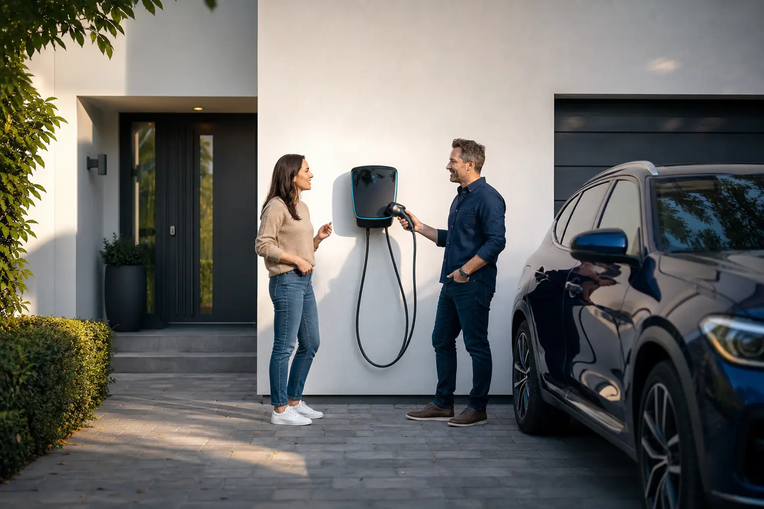 Wallbox an einer Hauswand neben einem ladenden Elektroauto in einer Einfahrt