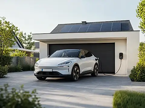 Elektroauto lädt an einer Wallbox vor einem Einfamilienhaus mit Photovoltaik-Anlage auf dem Dach bei Sonnenschein